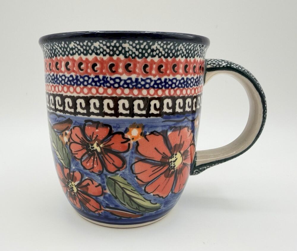 Unikat Polish Pottery Red Jungle Flower Poppy 12oz Coffee Mug 4” Handmade Signed